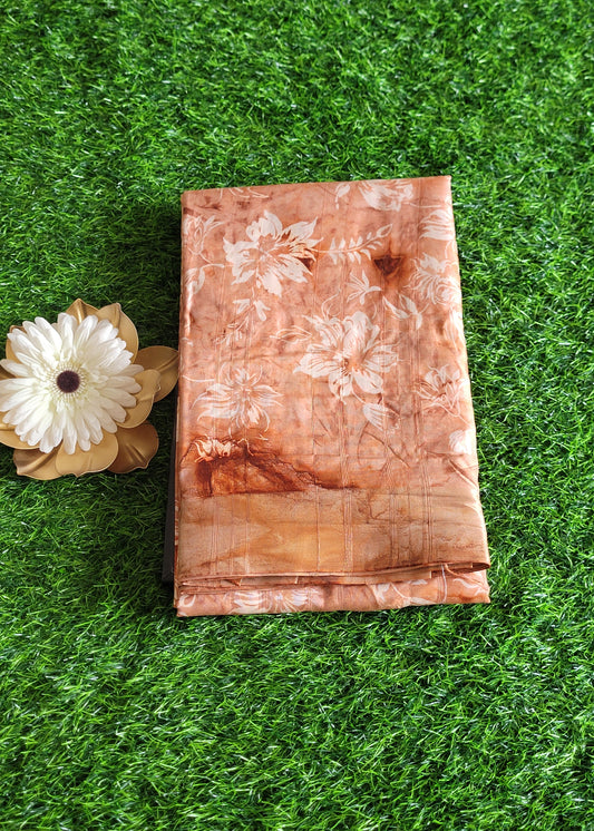 Dark Peach Floral Design Cotton Mix Saree- Casual