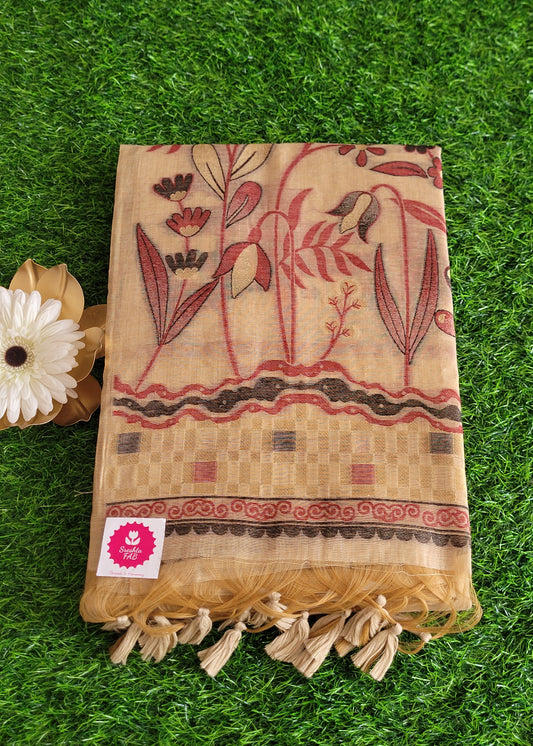 Beige And Maroon Semi Chanderi Saree- Casual