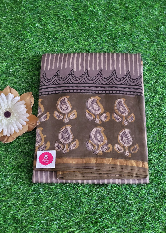 Grey And Green Gram Green Chanderi Block Print Saree- Rajasthan