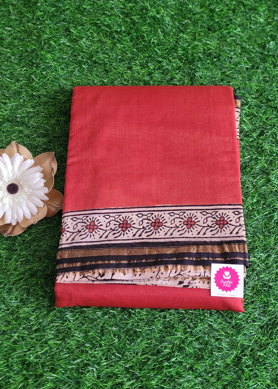 Brick Red And Black Chanderi block Printed Saree- Rajasthan