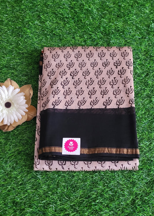 Offwhite And Black Chanderi Block Printed Silk Cotton Saree-Rajasthan