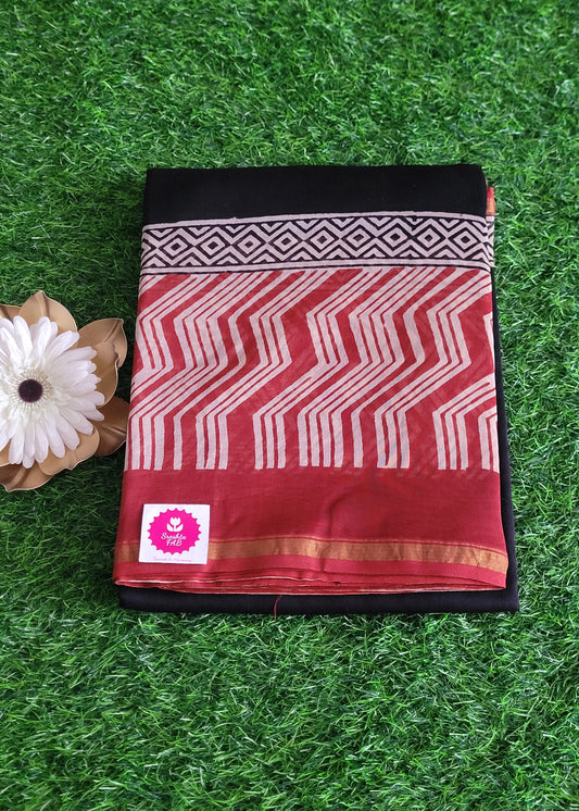 Black and Brick Red Chanderi Silk Cotton Saree- Rajasthan