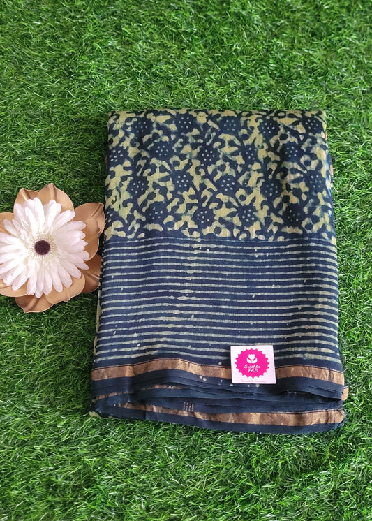 Bagru Printed Dark Blue Chanderi silk Cotton Saree- Rajasthan