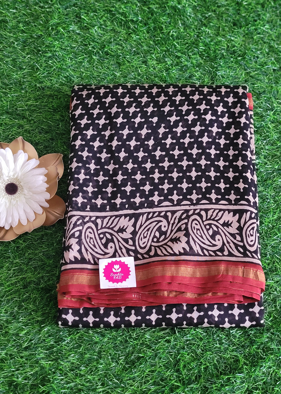 Black And Maroon Chanderi Silk Cotton Sarees- Rajasthan