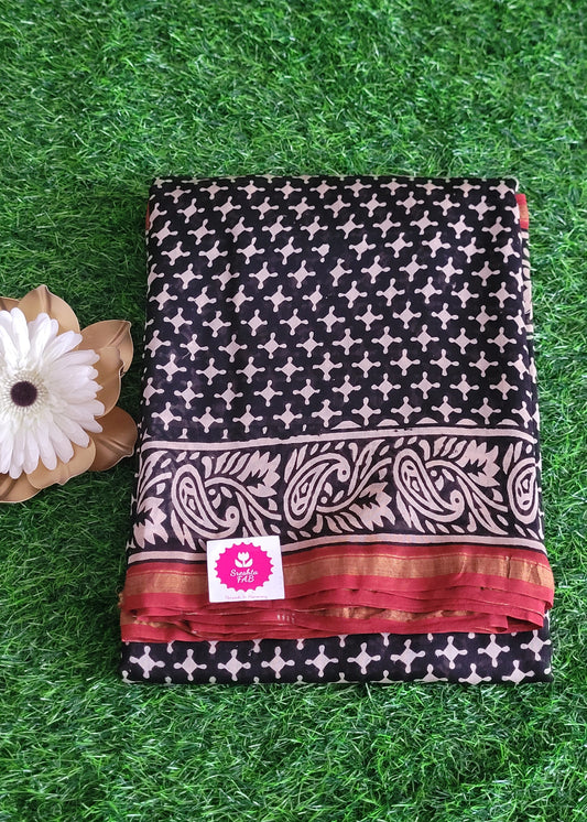 Black And Maroon Chanderi Silk Cotton Sarees- Rajasthan
