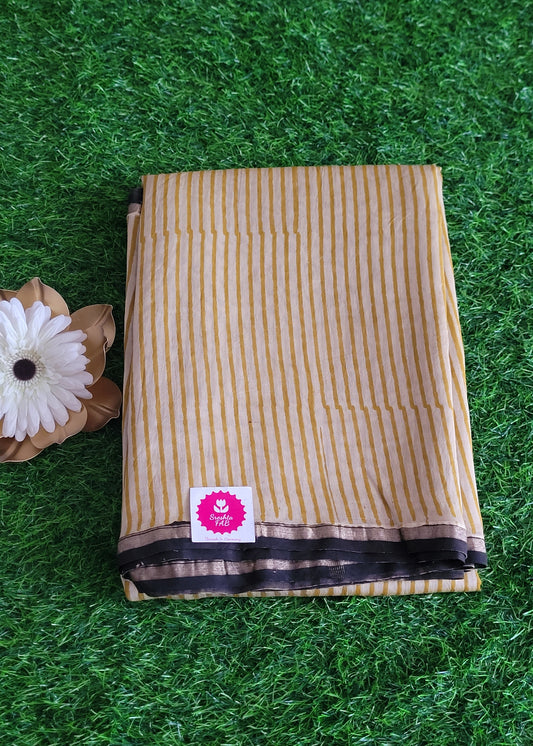 Black Striped Design On Light Yellow Chanderi Silk Cotton Saree-Rajasthan