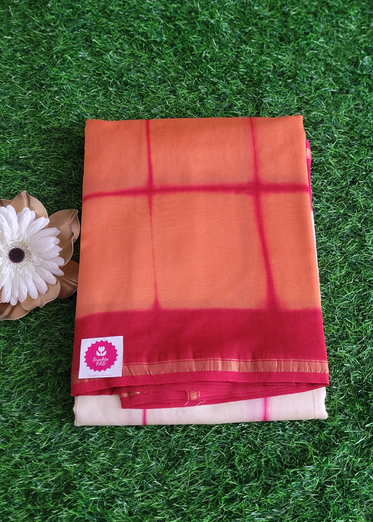 Checked Design On Offwhite and Orange Chanderi Silk Cotton Saree- Rajasthan