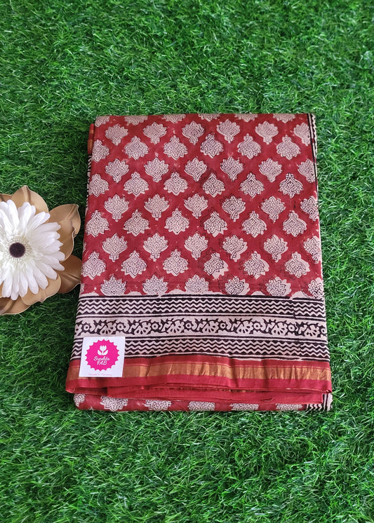 Deep Red Block Printed Chanderi Silk Cotton Saree- Rajasthan