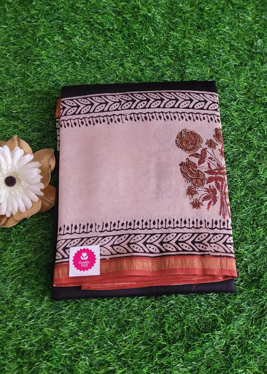Black and Beige Chanderi Silk Cotton Saree- Rajasthan