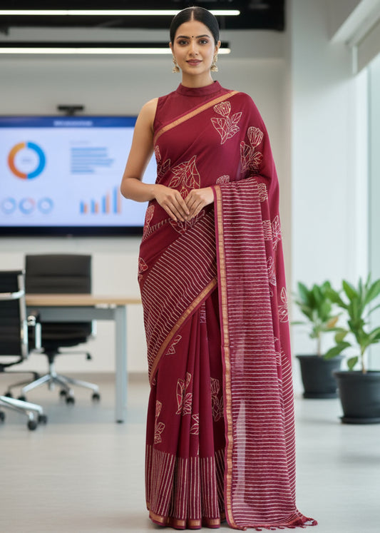 Maroon Chanderi Silk Cotton Saree- Rajasthan
