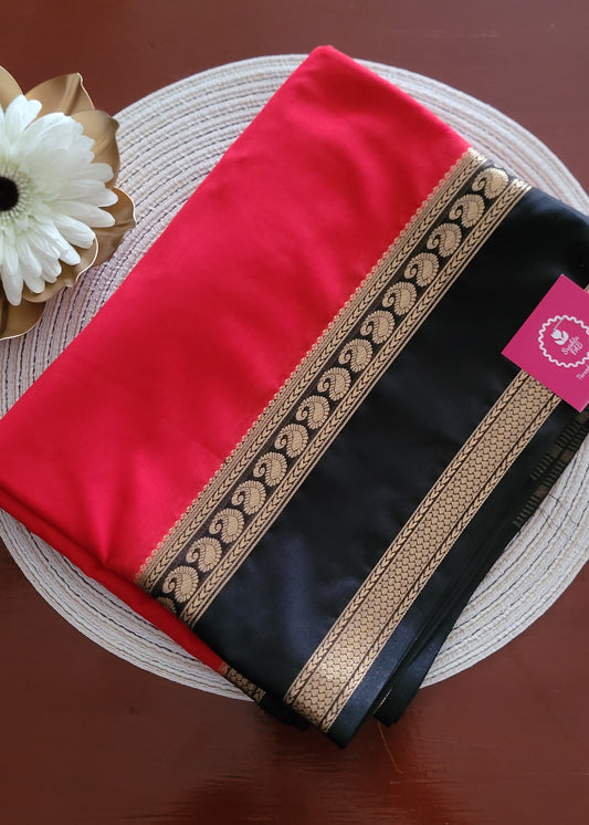 Red And Black Semi Mysore Silk Saree- Karnataka