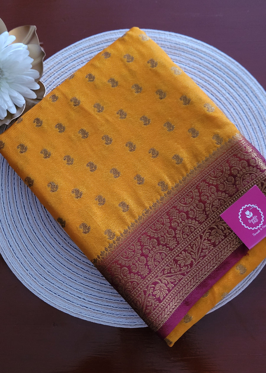 Mustard And Maroon Semi Crepe Silk Saree- Karnataka