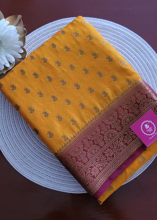 Mustard And Maroon Semi Crepe Silk Saree- Karnataka