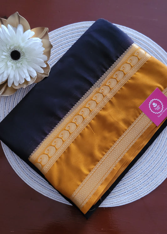 Dark Brown And Yellow Semi Mysore Silk Saree- Karnataka