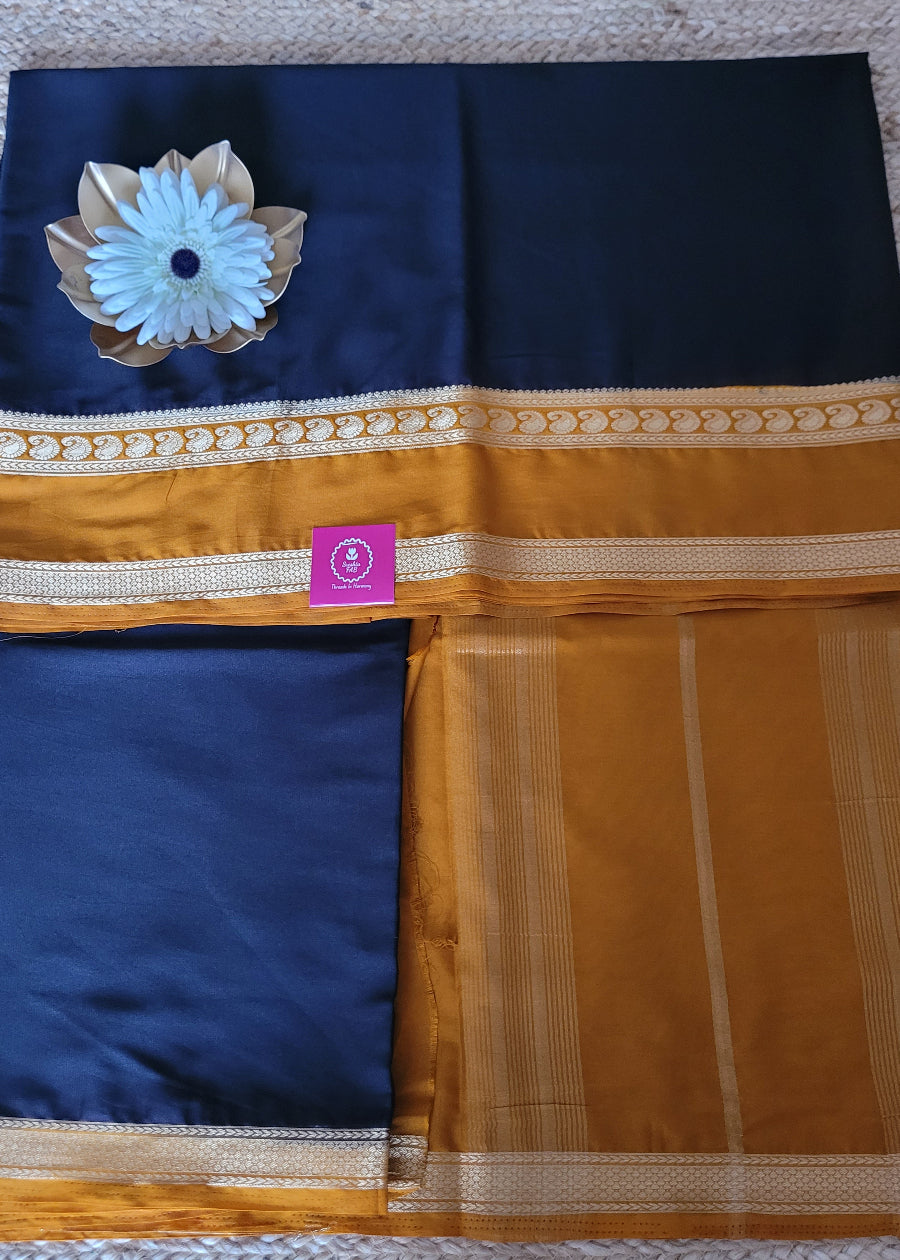 Dark Brown And Yellow Semi Mysore Silk Saree- Karnataka