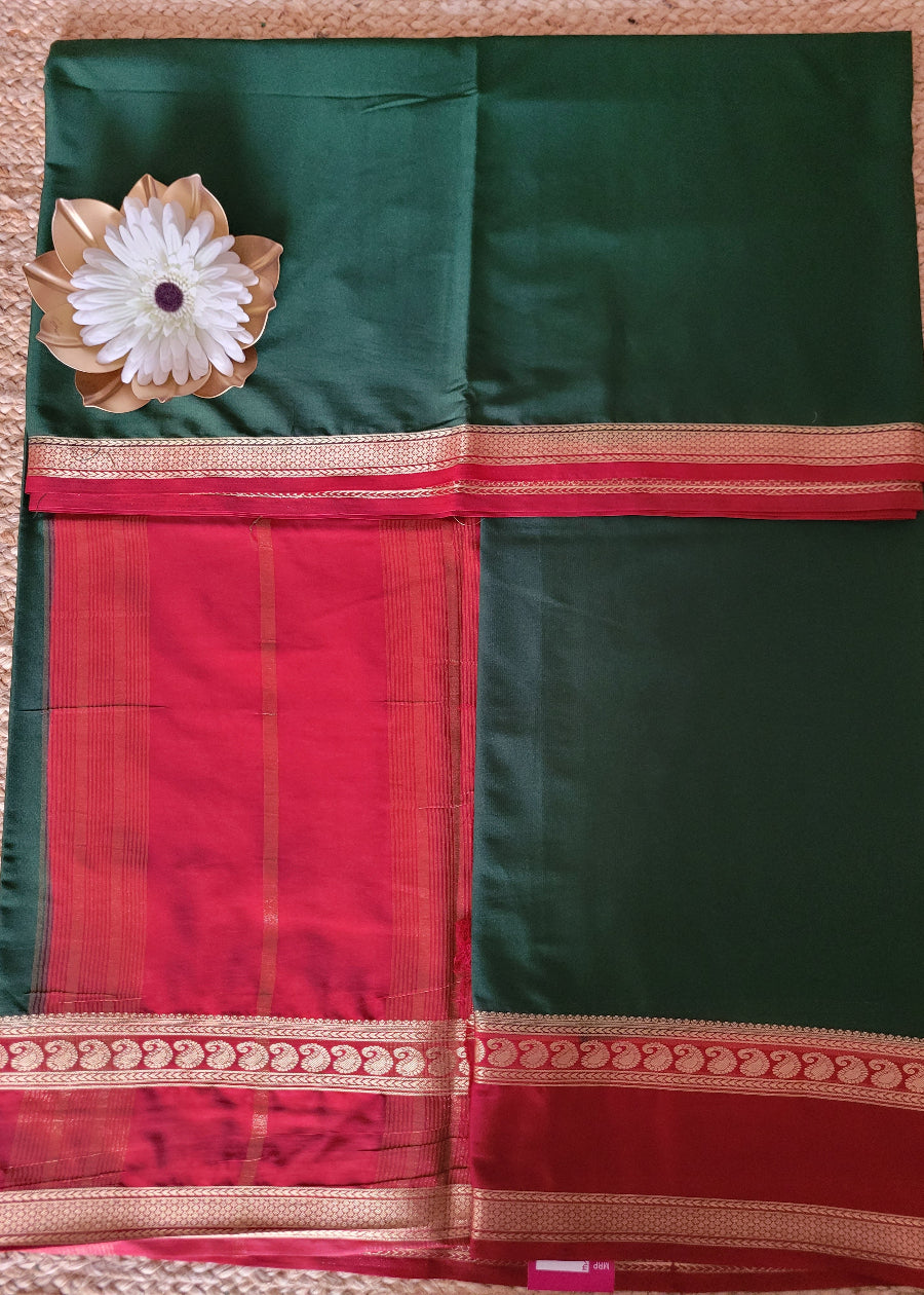 Green And Red Semi Mysore Silk Saree- Karnataka
