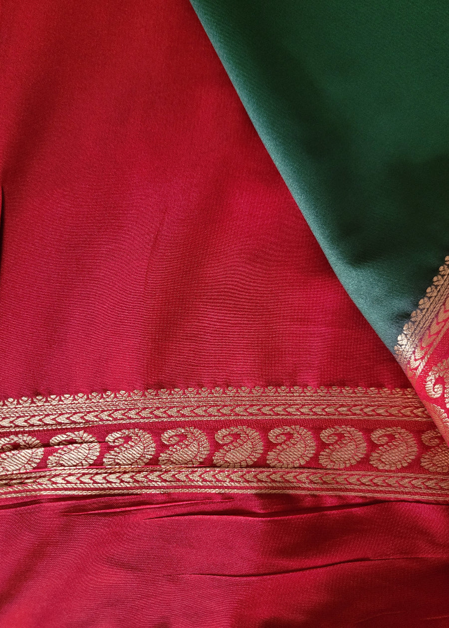 Green And Red Semi Mysore Silk Saree- Karnataka