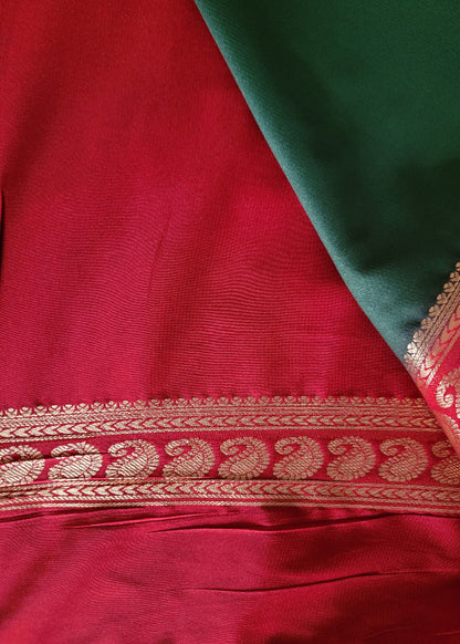 Green And Red Semi Mysore Silk Saree- Karnataka