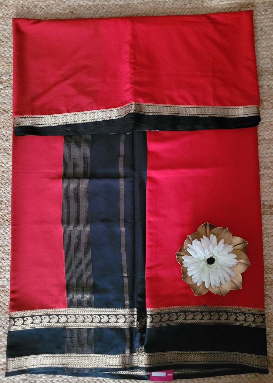 Red And Black Semi Mysore Silk Saree- Karnataka