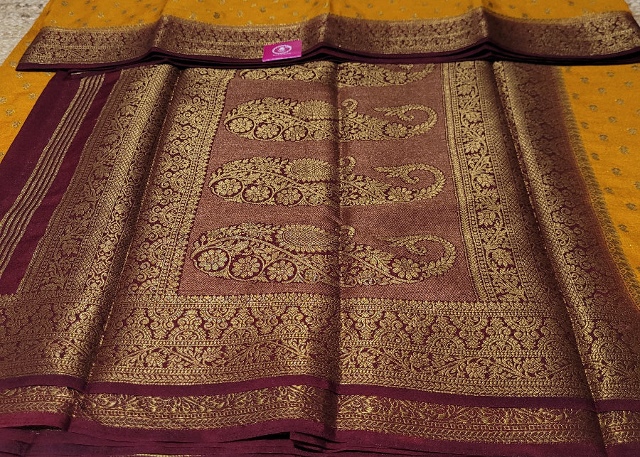 Mustard And Maroon Semi Crepe Silk Saree- Karnataka