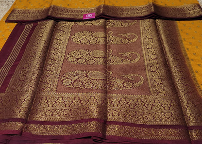 Mustard And Maroon Semi Crepe Silk Saree- Karnataka