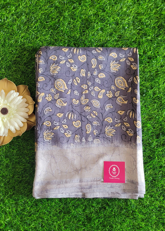Grey Colour Floral Semi Dola Saree- Casual