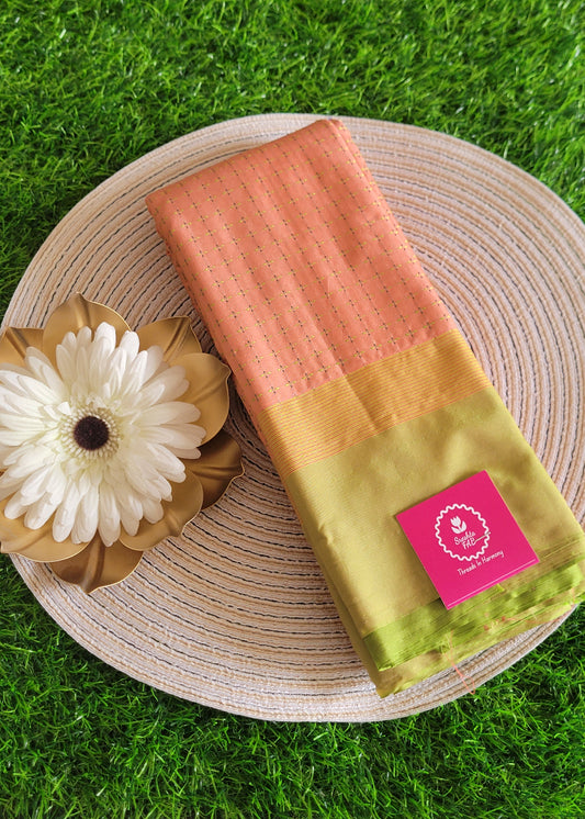 Peach And Green Semi Arani Silk Saree- TN