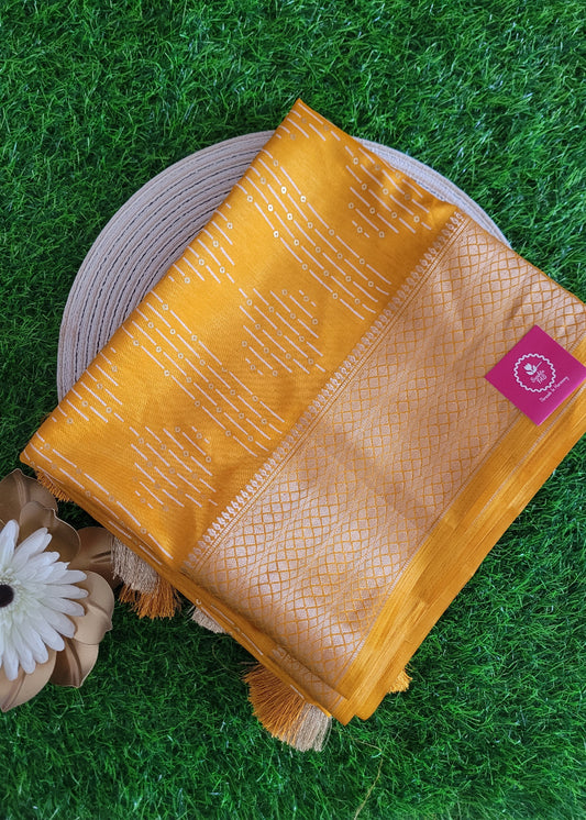 Sequins Work On Turmeric Yellow Semi Silk Saree- Casual