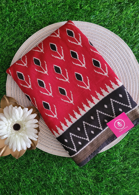 Ikat Design Red And Black Viscose Cotton Saree-Casual
