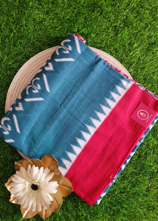 Greyish Blue and Red Blended Cotton Saree- Casual