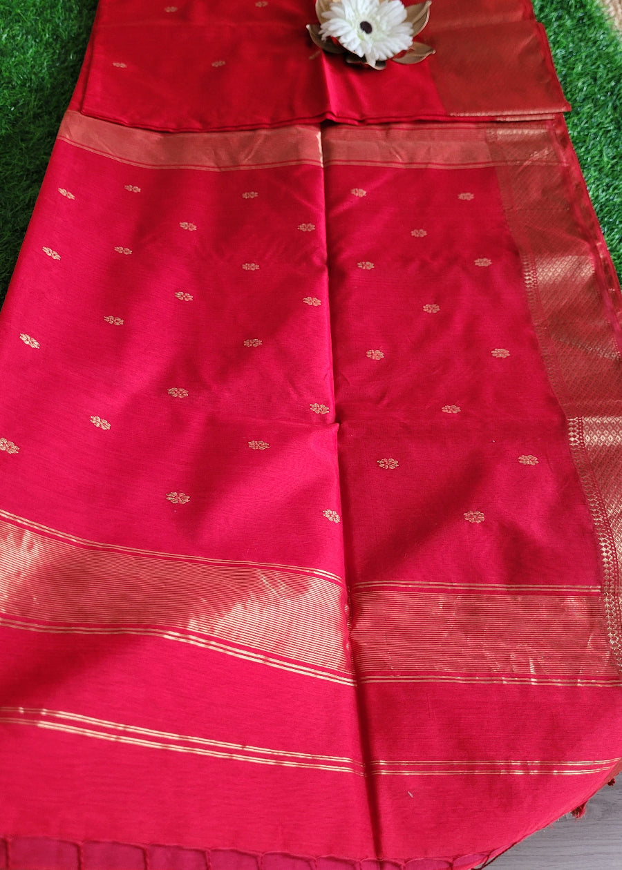 Chilli Red Maheshwari Silk Cotton Saree- Madhya Pradesh