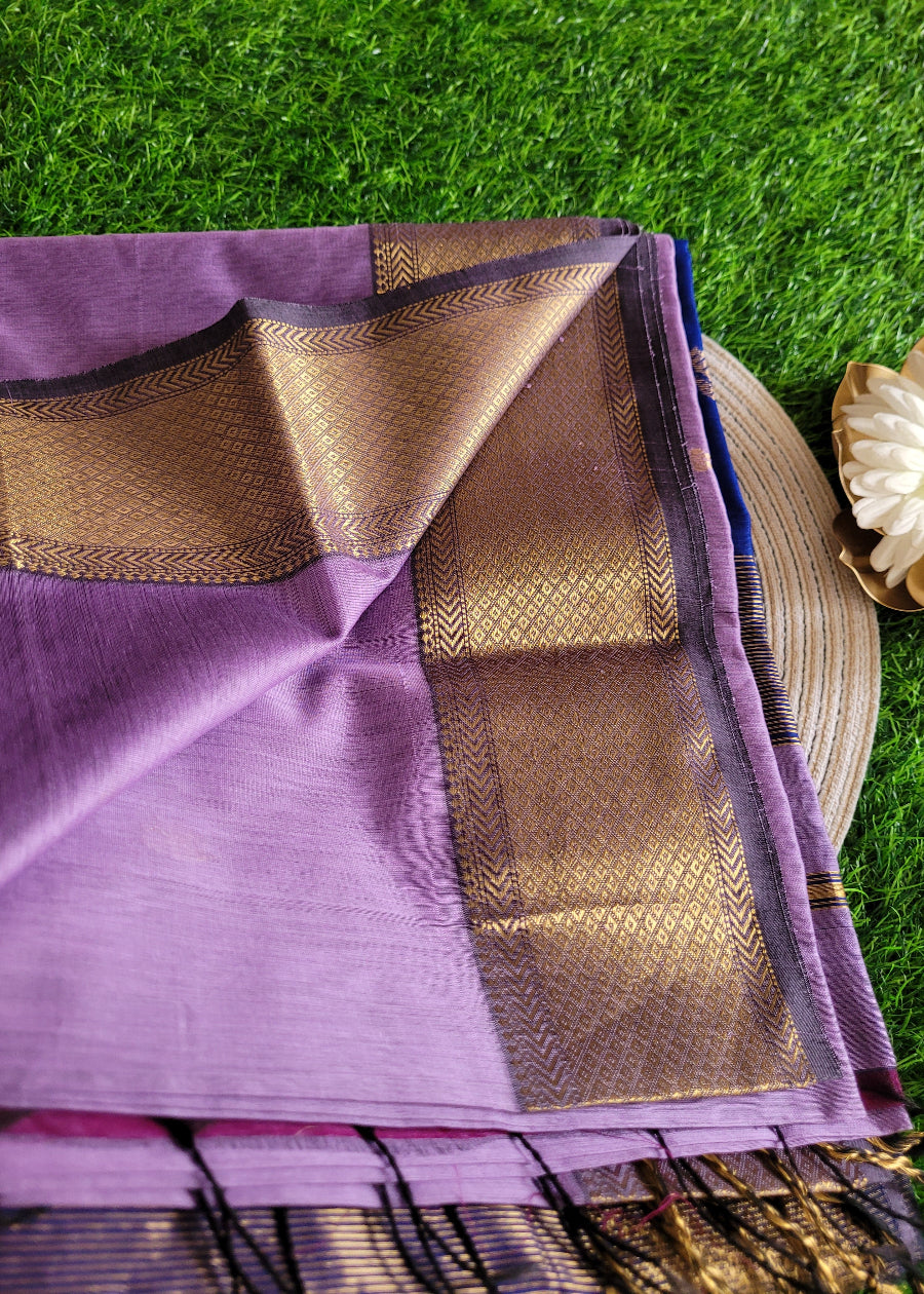 Light Violet And Royal Blue Maheshwari Silk Cotton Saree- MP