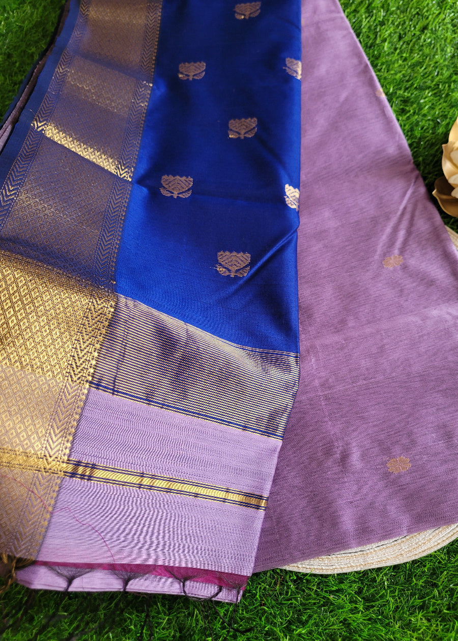 Light Violet And Royal Blue Maheshwari Silk Cotton Saree- MP