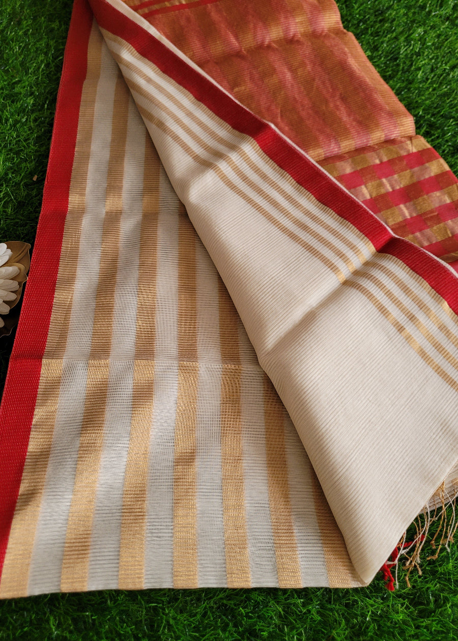 Offwhite And Red Designer Maheshwari Silk Cotton Saree- MP