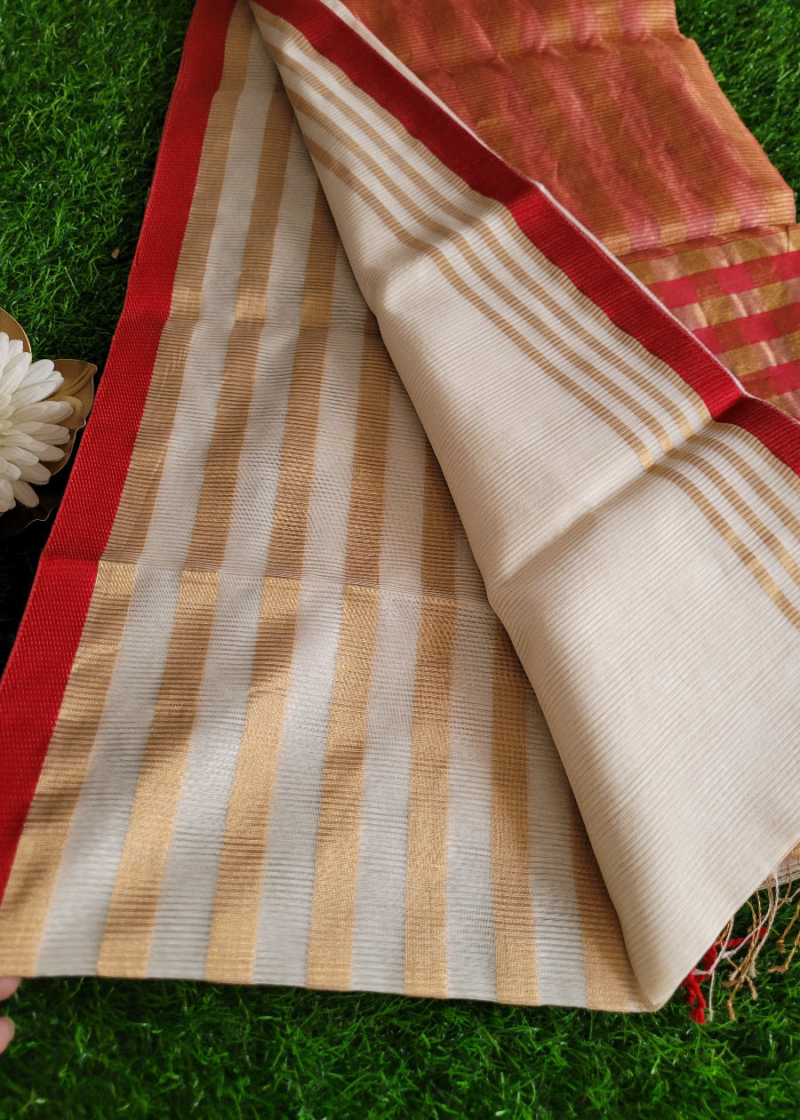 Offwhite And Red Designer Maheshwari Silk Cotton Saree- MP