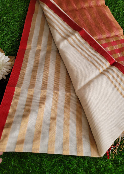 Offwhite And Red Designer Maheshwari Silk Cotton Saree- MP