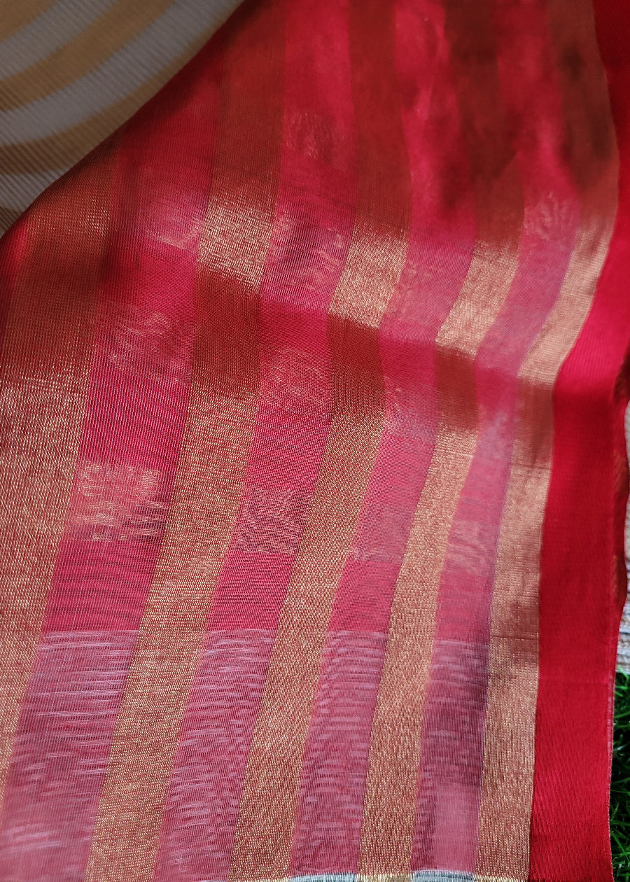 Offwhite And Red Designer Maheshwari Silk Cotton Saree- MP