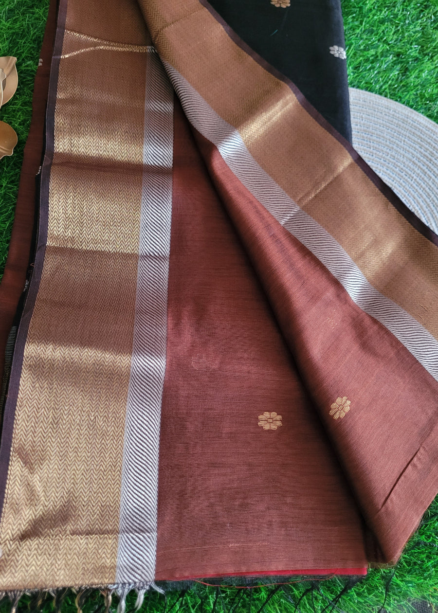 Brown And Black Pure Maheshwari Silk Cotton saree- MP