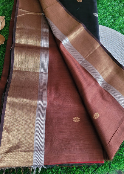 Brown And Black Pure Maheshwari Silk Cotton saree- MP
