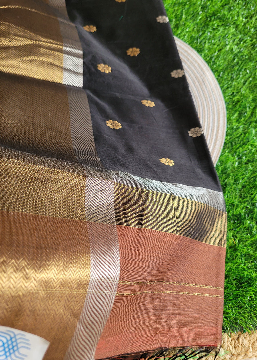 Brown And Black Pure Maheshwari Silk Cotton saree- MP