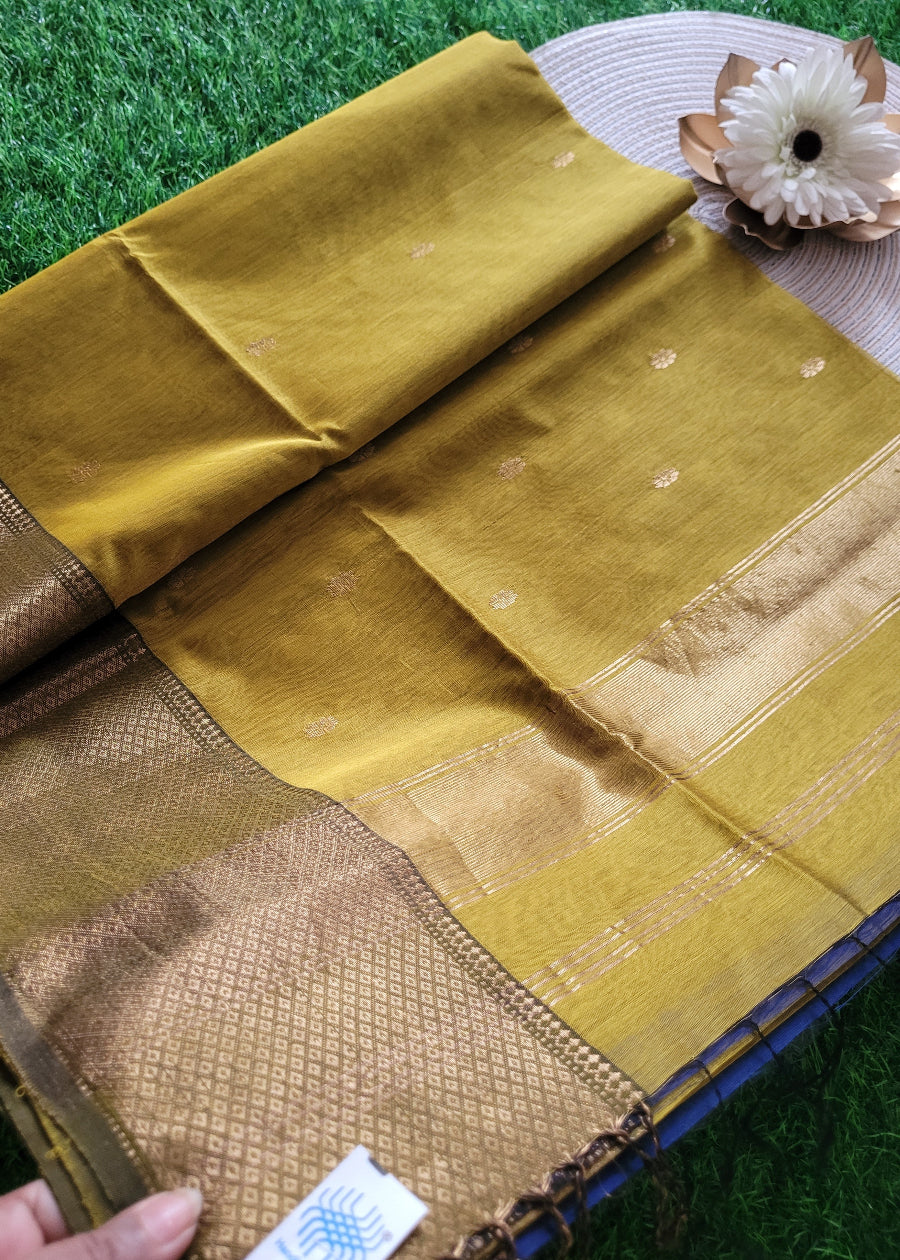 Greenish Yellow Pure Maheshwari Silk Cotton Saree- MP