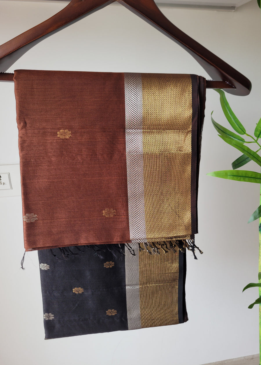 Brown And Black Pure Maheshwari Silk Cotton saree- MP