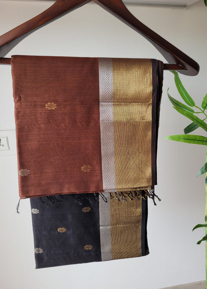 Brown And Black Pure Maheshwari Silk Cotton saree- MP