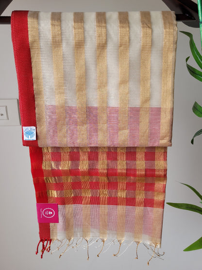 Offwhite And Red Designer Maheshwari Silk Cotton Saree- MP