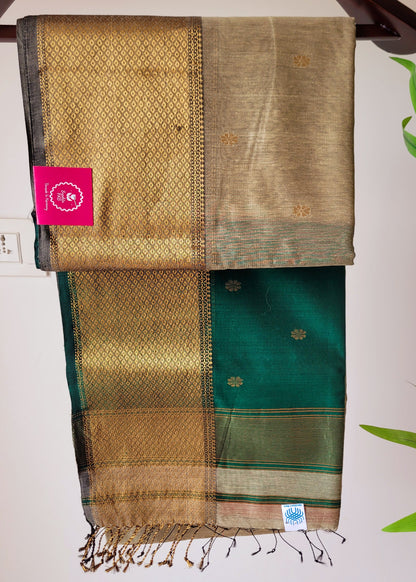 Beige And Green Pure Maheshwari Silk Cotton Saree- MP