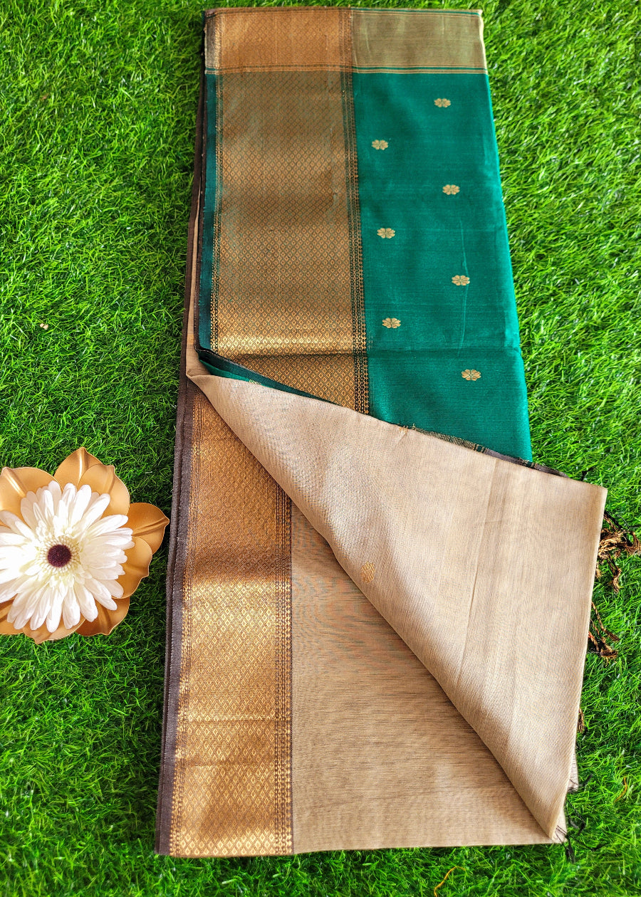 Beige And Green Pure Maheshwari Silk Cotton Saree- MP