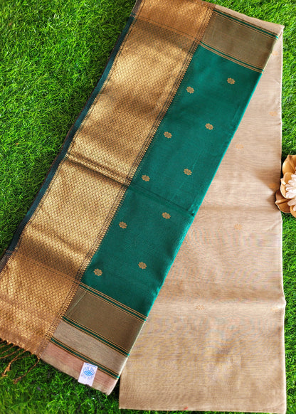 Beige And Green Pure Maheshwari Silk Cotton Saree- MP