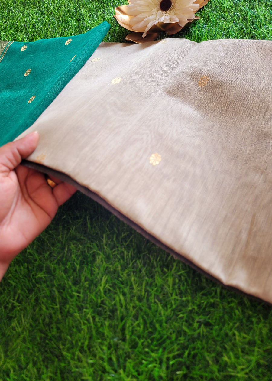 Beige And Green Pure Maheshwari Silk Cotton Saree- MP