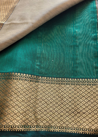Beige And Green Pure Maheshwari Silk Cotton Saree- MP