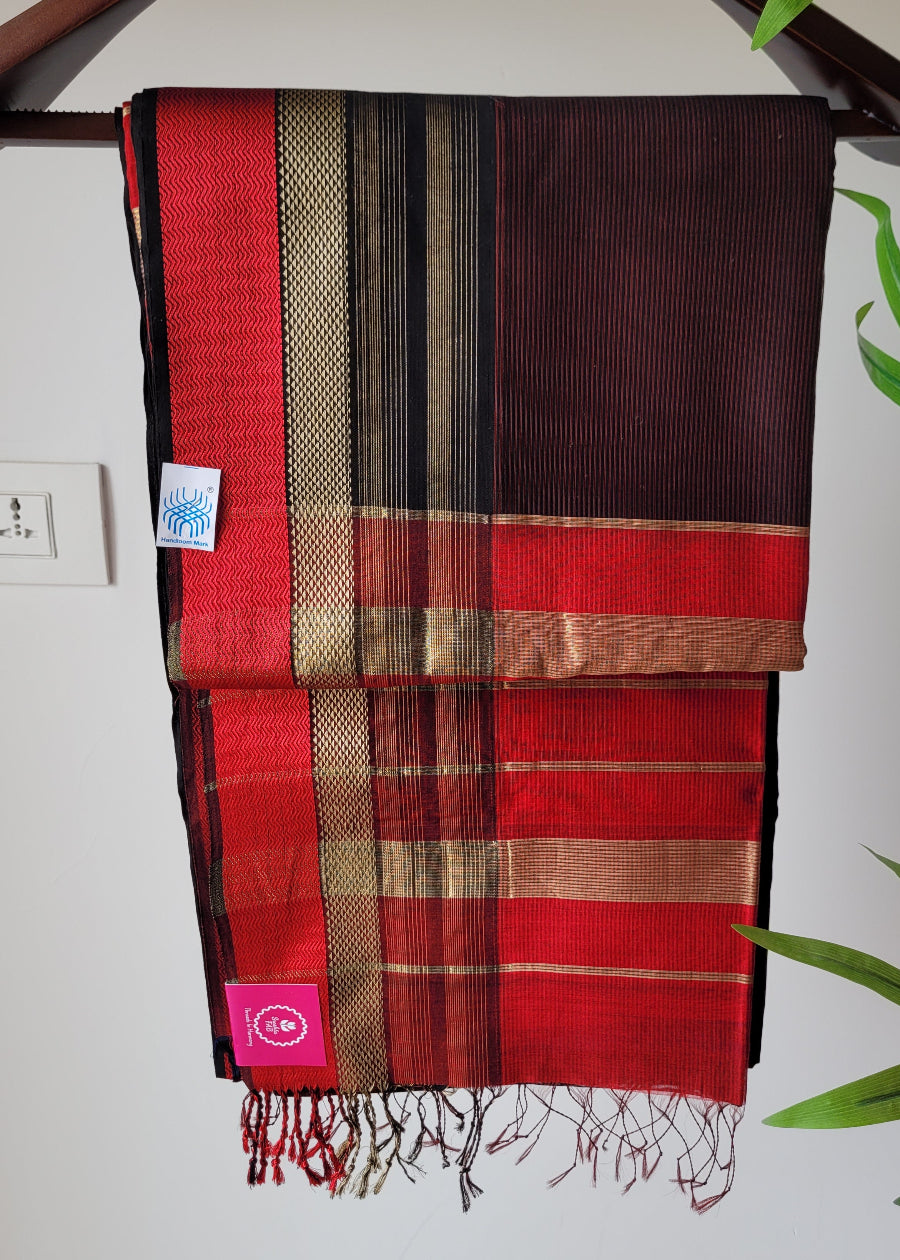 Coffee Brown And Red Pure Maheshwari Silk cotton Saree- MP
